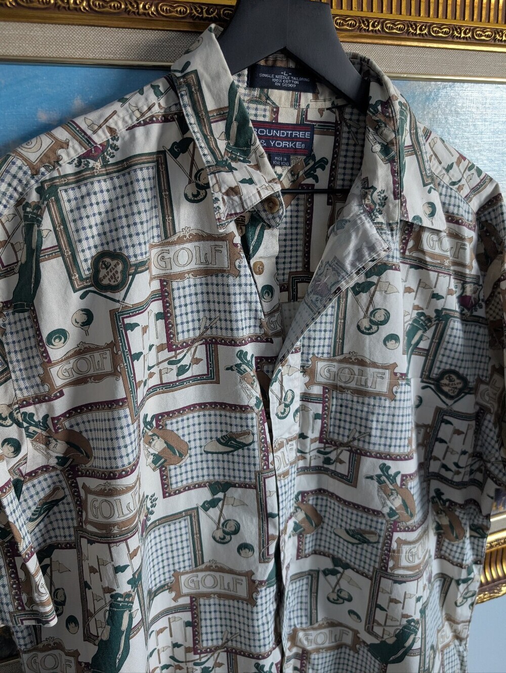 Roundtree & Yorke Cream Button-Down Shirt with Green and Brown Golf Print